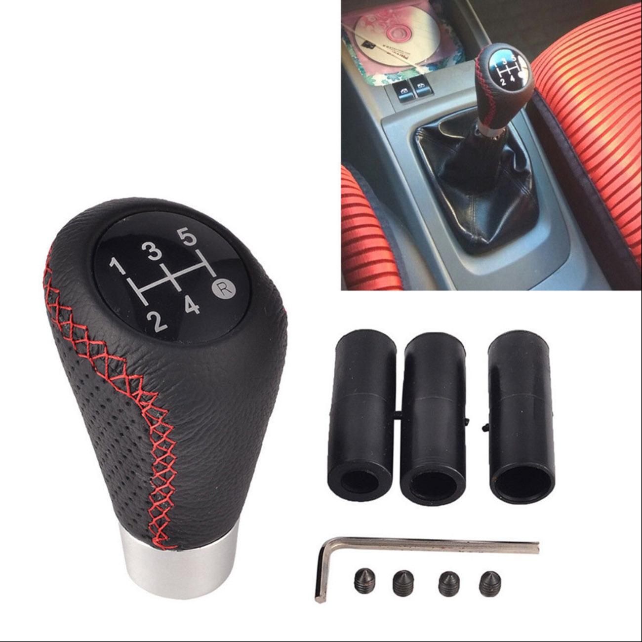 5 Speed Black&Red Line Leather Aluminum Manual Car Gear Shift Knob Shifter Lever